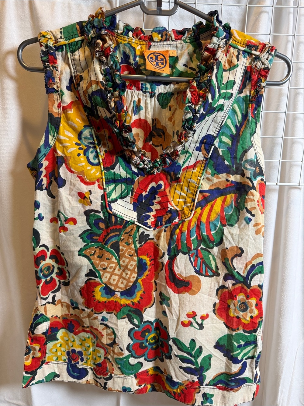Tory Burch Floral Multicolor Ruffled V-Neck Cotton blouse top sleeveless